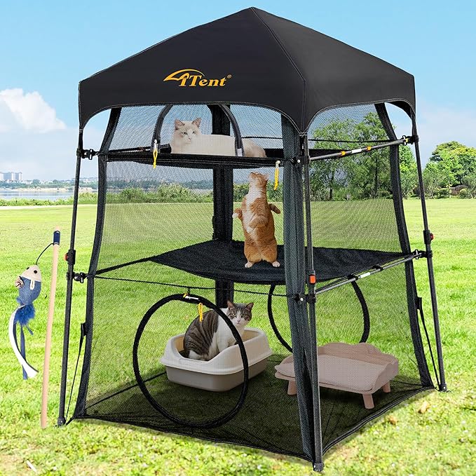 Automatic Pop-Up Cat Enclosure|3-Tier Cat Tent|Cat Cage|Outdoor Catio with Patent,Breathable Portable & Foldable, Stable Structure for Indoor/Outdoor, Free Teaser Wand,Friendly Connectable playpen