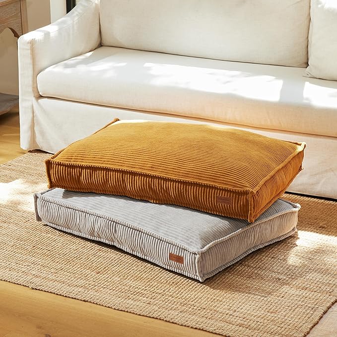 FUKUMARU 5.5-Inch Thick Dog Bed Mat, Washable Cat Bed with Waterproof Lining, Orthopedic Dog Beds for Senior Dogs, Cozy Flat Dog Kennel Bed for Crate, Non-Slip Pet Pillow Bed, Orange