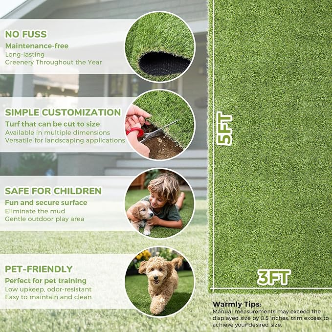 Artificial Grass Rug Indoor Outdoor, 3 x 5FT Faux Grass Turf with Drainage Holes, Realistic Artificial Lawn Rug Dog Pets Mat, Turf Carpet for Garden Lawn Landscape Balcony Patio Backyard Easter Decor
