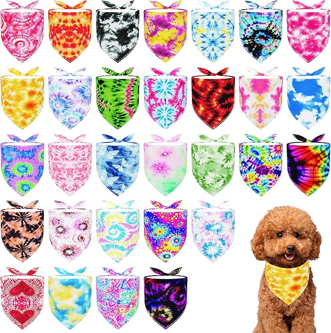 30 Pcs Tie Dye Dog Bandanas for Small Dogs Stitch Dog Bandana Bulk Reversible Print One Side Polyester Puppy Scarves Party Grooming S