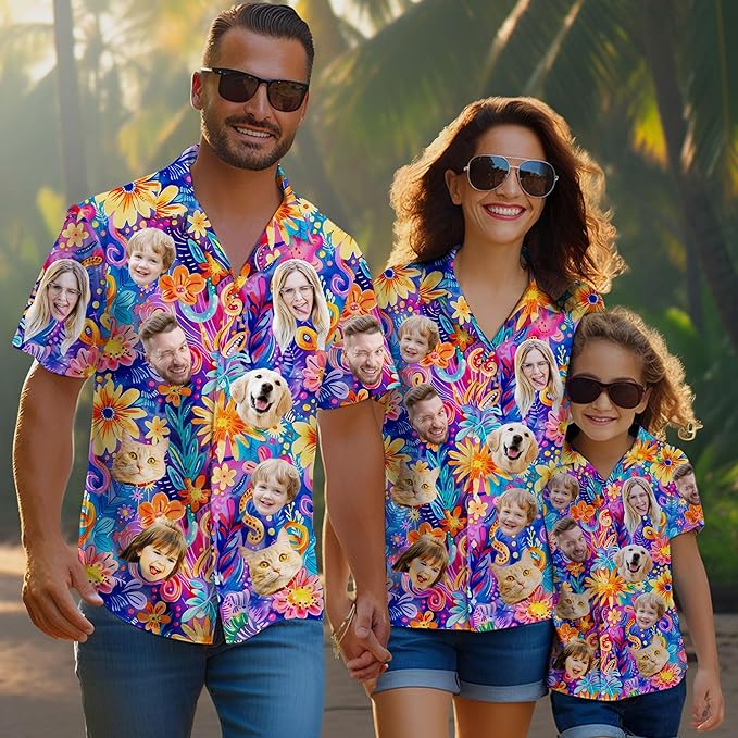 Custom Hawaiian Shirt with Face Photo Picture for Men Women Kids Youth Adult, Tropical Personalized Hawaiian Shirts Gift
