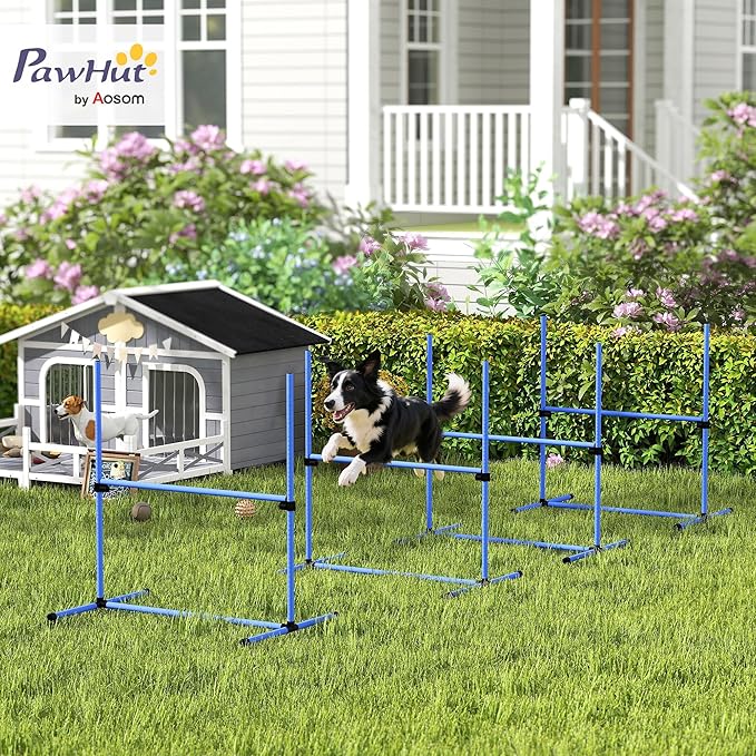 PawHut 4 Piece Dog Agility Training Equipment for Dog Agility Course with Adjustable Height Jump Bars, Included Carry Bag, & Displacing Top Bar, Blue