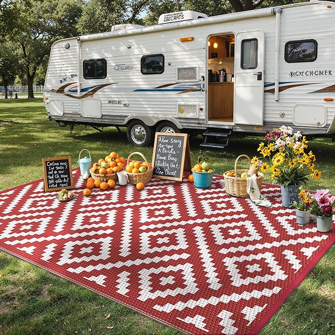 GENIMO Outdoor Rug for Patio Clearance, 6'x9' Reversible Plastic Straw Rugs, Lightweight Waterproof RV Camping Mat for Camper, Balcony, Deck, Backyard, Picnic, Red White