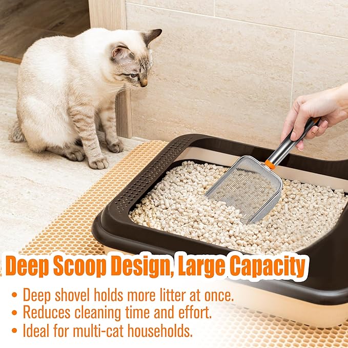 Cat Litter Scoop Stainless Steel Mesh Scooper with Long Handle, Deep Shovel Non-Stick Coated Metal for Box Kitten Pooper Lifter, Regular Scoop, Sifting Poop, Non-Slip Grip, Easy Clean, Hole: 2.8mm