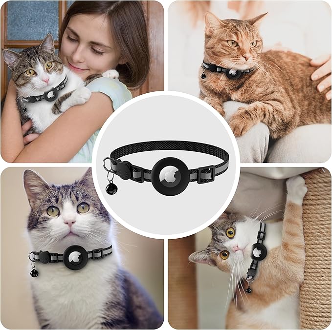 Vanjua 2 Pack Airtag Cat Collar Breakaway with Bell, Reflective Kitten Collar with Air Tag Cat Collar Holder Case for Girl Boy Cats, Pet Supplies Accessories (Black A+Black B)