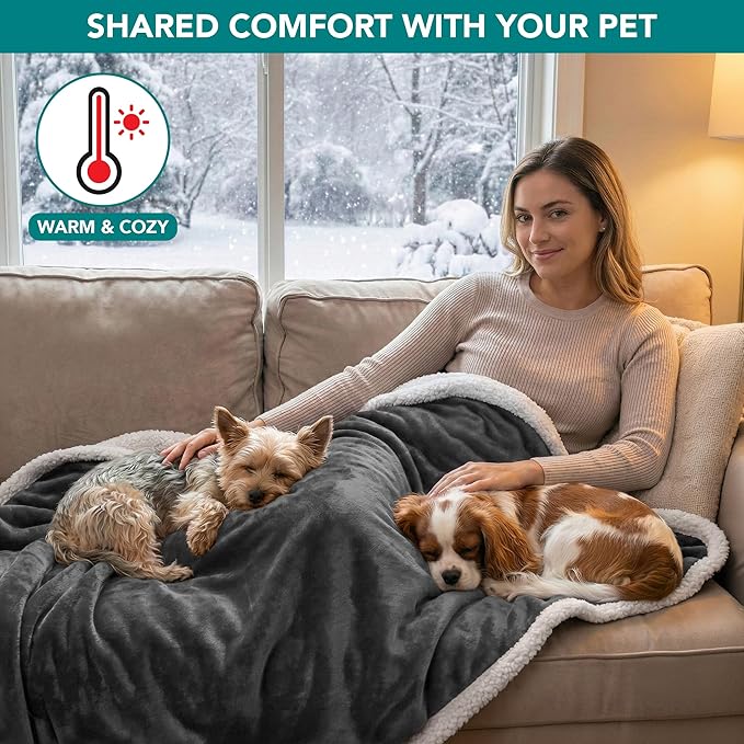 PetAmi Waterproof Dog Blanket for Medium Large XL Dog Puppy Cat Throw for Couch Cover Leakproof Protection, Sherpa Fleece, Reversible Soft Washable 80x60 Charcoal Gray