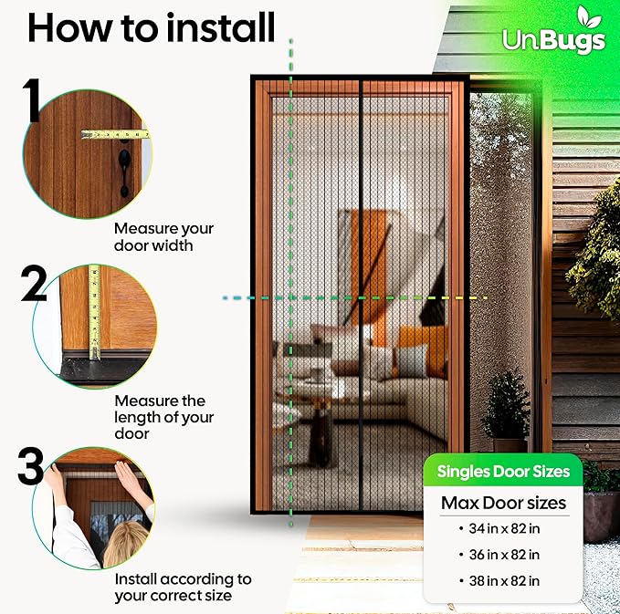 UnBugs Magnetic Screen Door - Fits Doors up to 38 x 82 Inches MAX - Pet & Kid Friendly, Self-Closing - Hands Free Magnet Closure Keeps Bugs Out & Breeze in