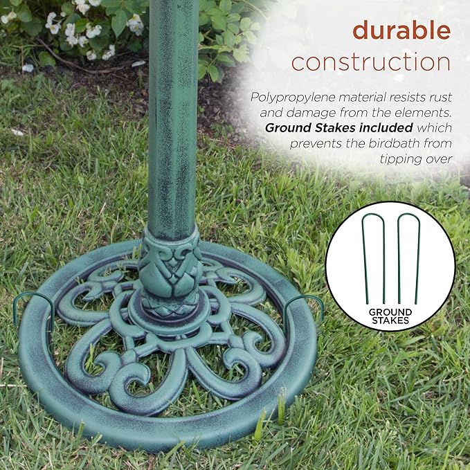 Alpine Corporation TEC116 Outdoor Aged Green Pedestal Birdbath with Scrollwork, 28" Tall, Green