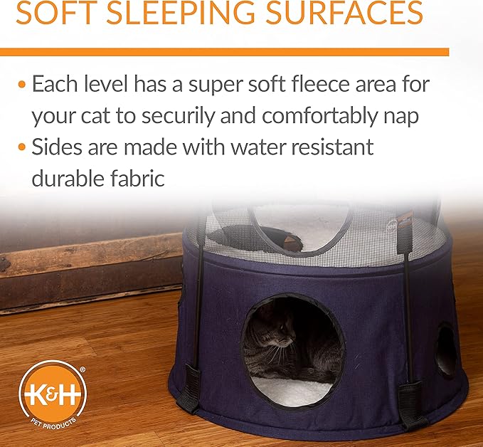 K&H Pet Products Cat Tower Tree Condo for Multiple Large Indoor Cats, Modern Cute Multi-Level Hammock Bed, Kitten & Adult House Activity Cave Large Cozy Hideaway - 3 Level Denim 22 X 30in