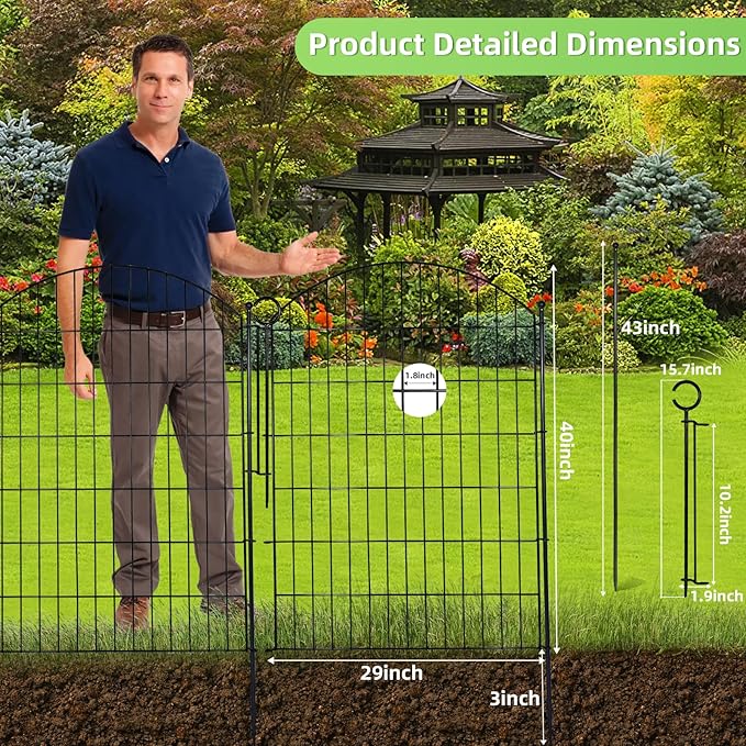 Decorative Garden Fence 40in (H) x 30in (W), 10 Pack No Dig Fence Animal Barrier for Dog with Lock, Arched Flower Bed Edging, Wire Border Panel Fencing for Yard Patio Outdoor Decor