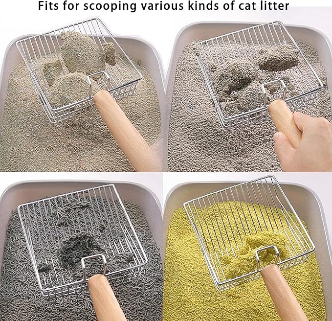 DHXYZZB Metal Cat Litter Scoop - Heavy Duty Litter Scooper & Speed Sifter with Comfortable Wood Grip - Washable Convenient Stand for Easy and Efficient Cleaning