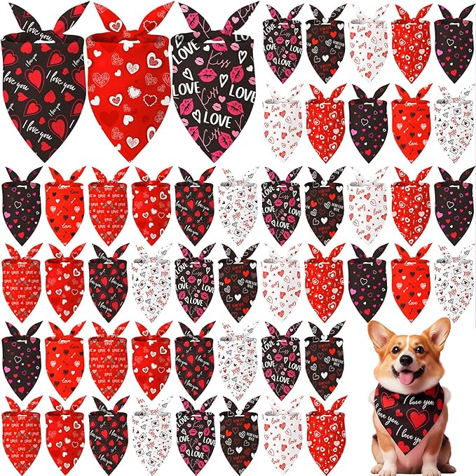 Weewooday 50 Pcs Valentine's Day Dog Bandanas Bulk for Dogs Soft Bibs Adjustable Triangle Heart Lips Bandana for Small Medium Large Pet Costume(Valentine, 25.6 x 17.7 x 17.7 Inch)