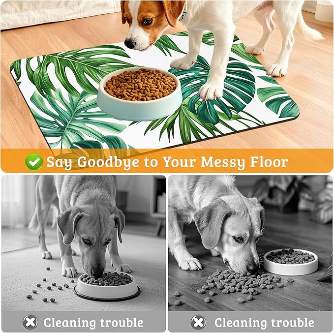 Dog Bowl Mat,Leaves Pet Feeding Mat for Floors Waterproof,Tropical Palm Absorbent Dogs Placemat for Food and Water Quick Dry Pet Cat Feeding Mats with Non Slip Bottom 12" x 20"