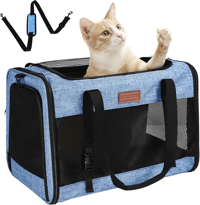 PETUX Large Pet Carrier for Large Cats ＆ Small Dogs - Up to 20Lb, Top and Side Entry, 4 Side Breathable, Foldable Soft Cat Travel Carrier with Safety Car Seat Buckle and Anti-Scratch Mesh - Blue