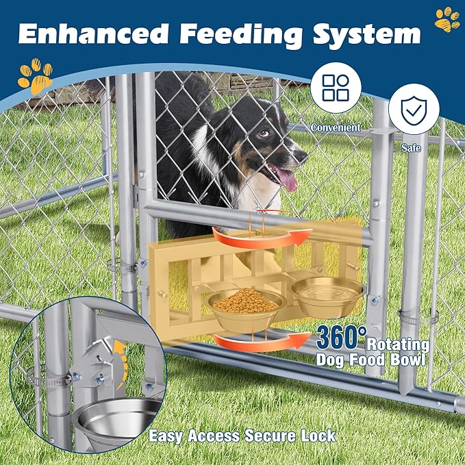 10×10×7 FT Outdoor Dog Kennel with Roof, Dog Enclosure w/Rotating Feeder, Large Heavy Duty Dog Run Playpen w/2 Stainless Bowls, Galvanized Pet House w/Secure Lock, Waterproof Cover