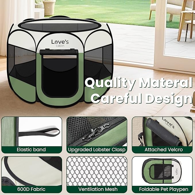 Love's cabin Pet Puppy Dog Playpen, Medium Dog Tent Crates Cage Indoor/Outdoor, Portable Playpen for Cat, Foldable Pop Up Dog Kennel Playpen with Carring Case, Removable Zipper Top, Olive Green