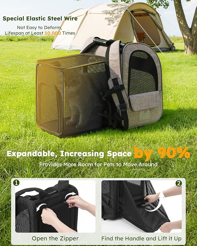 Pecute Cat Backpack Carrier Expandable, Pet Backpack for Cats & Small Dogs Up to 11lbs, with 4-Side Breathable Mesh, Multi-Entry & Lockable Zippers for Travel, Hiking, Camping - Hands Free, Khaki