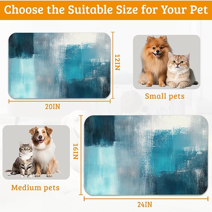 Pet Feeding Mat,Art Painting Absorbent Dog Cat Food Mat Grey Blue Dog Mat with Rubber Backing,Non-Slip Water Bowl Placemat,Pet Supplies 16" x 24"
