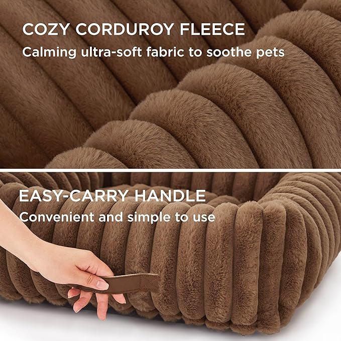 Bedsure ComfyFleece™ Washable Dog Bed for Medium Dogs - Cute Furry Puppy Beds, Rectangle Orthopedic Corduroy Fleece Pet Beds with Removable Zipper Cover, 30x24x8inches, Camel Brown