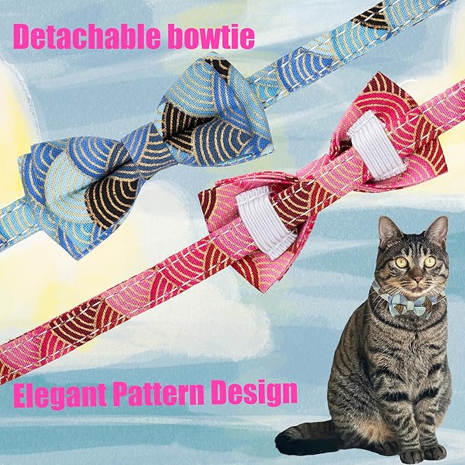 Collar for Cat Pet Breakaway with Bell Bowtie Detachable Bow Adjustable Safety Kitten Puppy Girl Boy 2pcs Kimono-Blue & Pink
