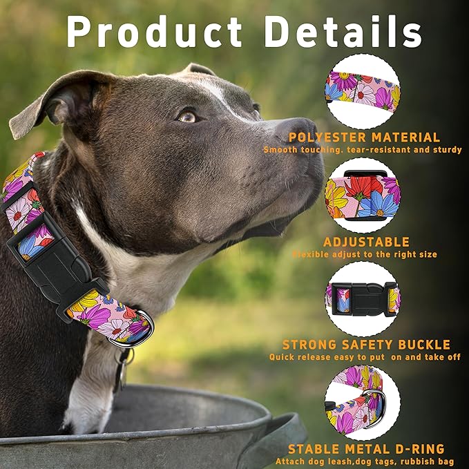 Dog Collar, Pink Floral Boys Girls Puppy Collar for Small Medium Large Dogs, Adjustable Soft Floral Pet Collar with Safety Buckle for Male Females(Pink Floral, L)