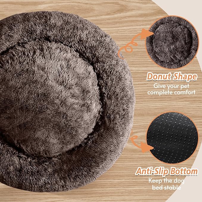 JOLLYVOGUE Calming Dog Bed Medium Size Dog, Anti-Anxiety Donut Medium Pet Bed, 31 inches Fluffy Faux Fur Round Cat Bed, Fits up to 45 lbs Pets