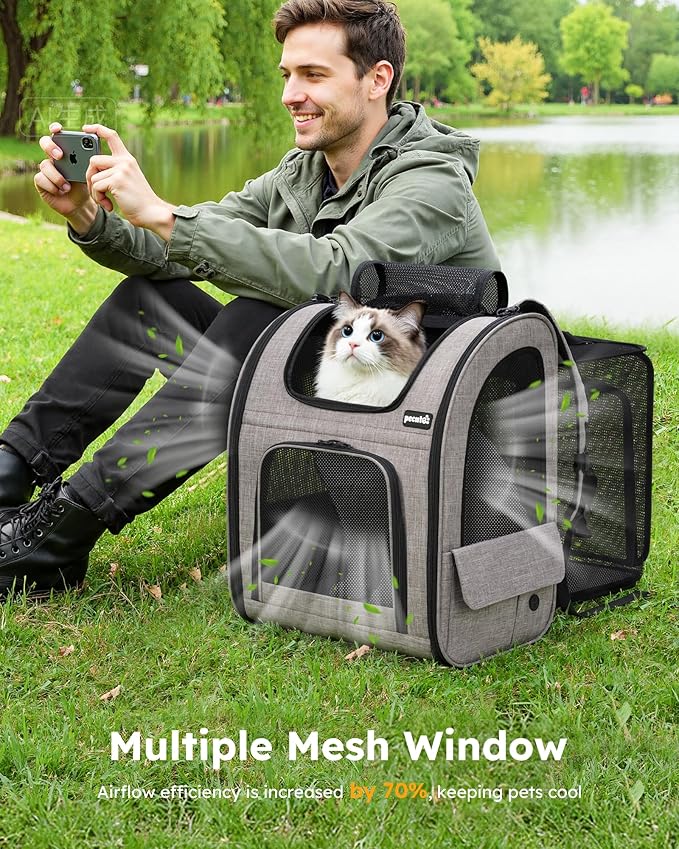 Pecute Cat Backpack Carrier XL, ExpandablePet Backpack for Cats & Small Dogs Up to 15lbs, with 4-Side Breathable Mesh, Multi-Entry & Lockable Zippers for Travel, Hiking, Camping - Hands Free, Khaki