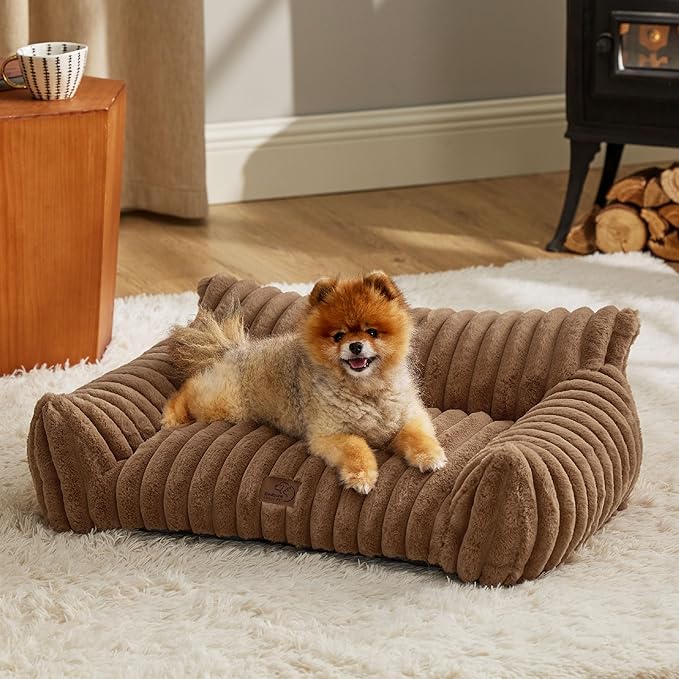 Bedsure ComfyFleece™ Cute Cat Couch for Pets - As Seen on TV on Good Day New York, Small Medium Dog Bed, Supportive Couch Bed for Small Dogs, 30 Inch, Camel Brown