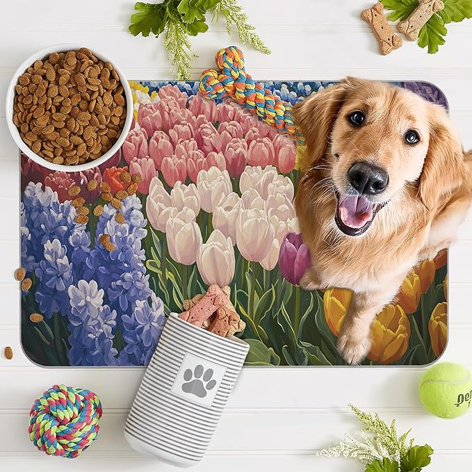Tulip Lavender Pet Feeding Mat,Vintage Flower Fields Absorbent Quick-Dry Cat Dog Food and Water Bowl Mats,Non-Slip Rubber Backing Mat,Cat Dog Accessories Supplies 12"x20"