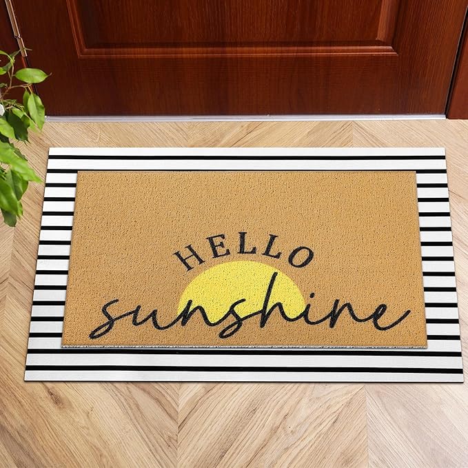Tinideya 2 Pcs Summer Sunshine Door Mat Yellow Welcome Non Slip Coir Mats Stripe Floor Layering Doormats Seasonal for Front Porch Entryway Decor(Sunshine)