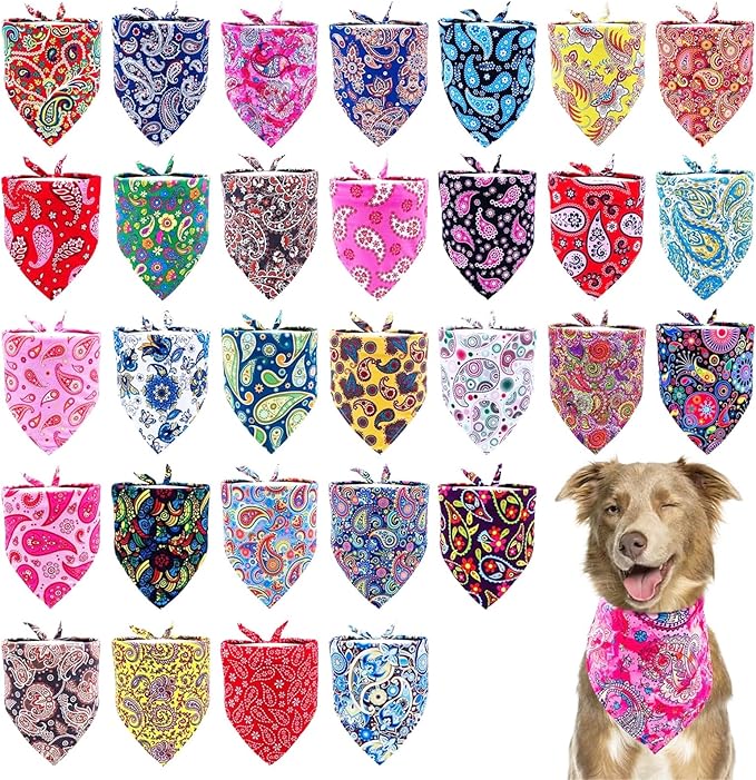 30 Pcs Paisley Dog Bandanas Bulk 33 Inche XL Stitch Dogs Bandanas Polyester Print One Side Bandana Grooming L