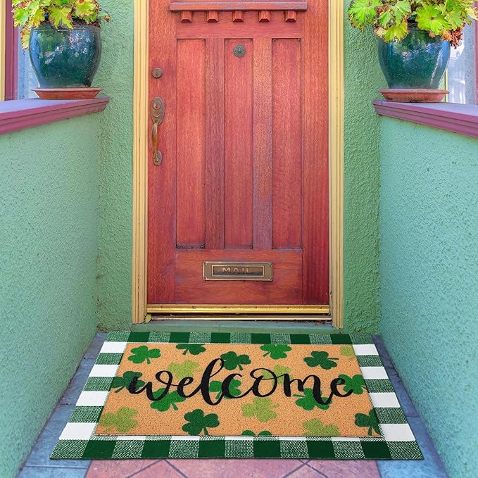 Tinideya 2 Pcs St. Patrick Day Door Mat Welcome Non Slip Coir Mats Clover Pattern Green White Plaid Floor Layering Doormats Seasonal for Front Porch Entryway Decor(st Patrick's Day)