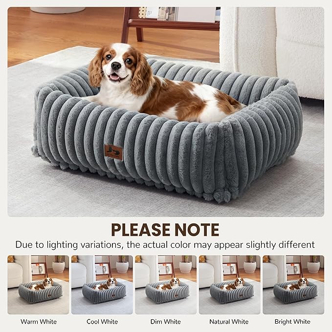 Washable Dog Bed for Small Medium Dogs - Rectangle Orthopedic Corduroy Fleece Pet Bed with Removable Cover and Nonskid Bottom, Calming Puppy Bed Soft Pet Sofa, Grey(25x21x7inchs)