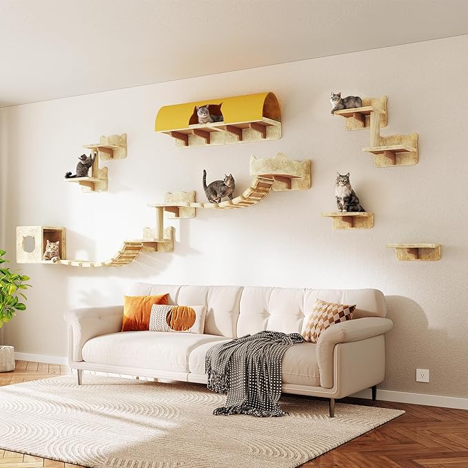16-in-1 Cat Wall Shelves, Wall Mounted Cats Furniture Set w/Plush Fabric, Cat Climbing Wall Systems, Cats Shelf with 40''L Tunnel, Condos, House, Steps, Bridge Ladder & Scratching Post, Beige