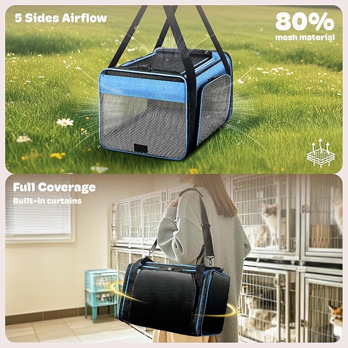 Top and 2 Sides Expandable Cat Carrier 18x11x11, TSA Airline Approved Dog Carriers for Small Dogs, Soft-Sided Pet Carrier with Self-Locking Zippers for Kitten,Rabbit, Puppy, Blue