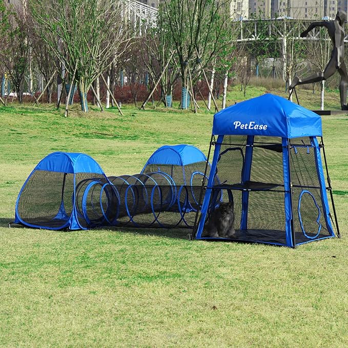 Catio Outdoor Cat Enclosure, 3-in-1 Extra Large Portable Cat Playpen with Tower Tent & Tunnel, Foldable Waterproof Mesh Catio for Indoor Outdoor Cats & Small Pets