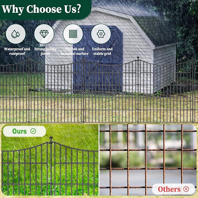 10 Panels No Dig Dog Fence Outdoor for Yard, 48 in(H) X 26.25 ft(L) Decorative Tall Garden Fence Animal Barrier, Rustproof Metal Wire Garden Edging and Borders, Temporary Fencing Stakes
