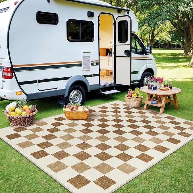 GENIMO Outdoor Rug for Patio Clearance, 8'x10' Reversible Plastic Straw Rugs, Lightweight Waterproof RV Camping Mat for Camper, Balcony, Deck, Backyard, Picnic, BrownBeige
