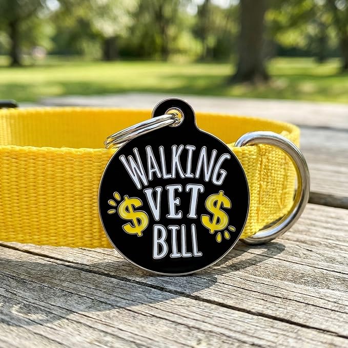 Bad Tags Personalized Dog and Cat ID Tags in 25+ Designs and 2 Sizes - 5 Lines of Custom Engraved Text - Funny Cute Personalized Pet Tags (Walking Vet Bill - Black, Small (1 inch))