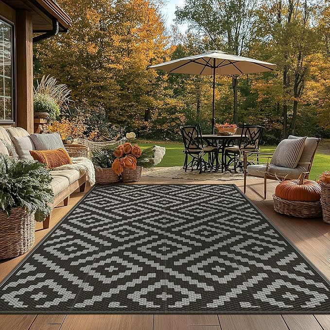 GENIMO Outdoor Rug 4x6 Waterproof, Reversible Mats, Outdoor Area Rug, Plastic Outside Carpet, Eeometric Rv Mat for Patio Camping Rv Picnic Backyard Deck Balcony Porch Beach (Black & Grey)