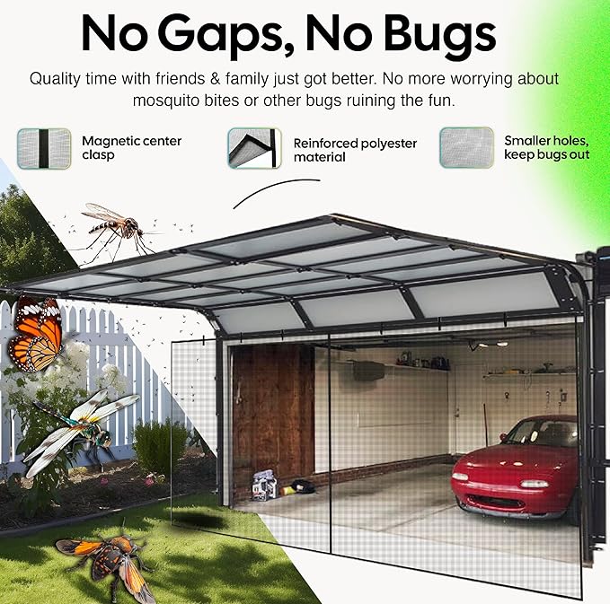 UnBugs Garage Screen Doors for 1 Car Garage - Fits Single Garage Doors up to 9 Feet Wide x 7 Feet Tall MAX - Pet & Kid Friendly, Self-Closing - Hands Free Magnet Closure Keeps Bugs Out & Breeze in