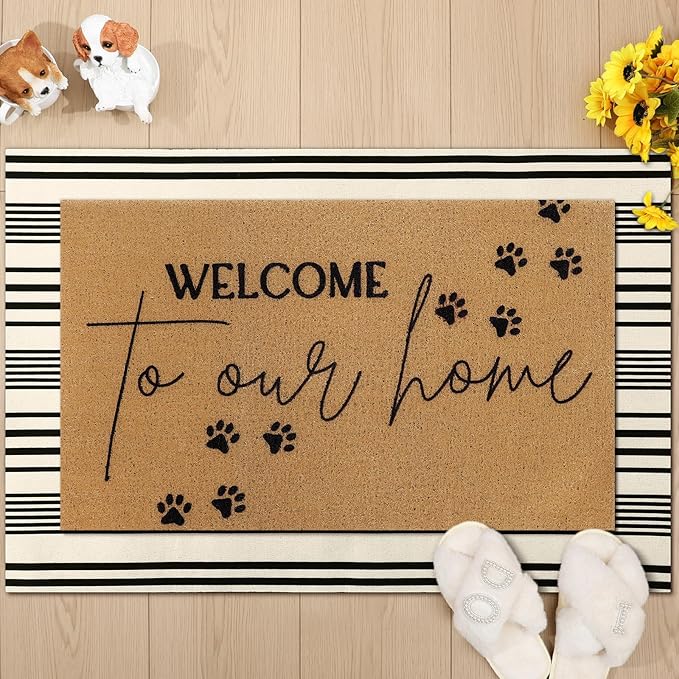 Tinideya 2 Pcs Pet Theme Door Mat Paw Welcome Non Slip Coir Mats Dog Cat Floor Layering Doormats Seasonal for Front Porch Entryway Decor(PET)