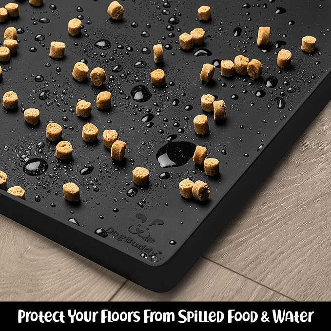 DogBuddy Dog Food Mat – Waterproof Dog Bowl Mat for Food and Water, Silicone Pet Feeding Mats for Floors, Non-Slip Placemat with High Edges for Dogs Bowls, Puppy Essentials (Small: 19"x12", Black)