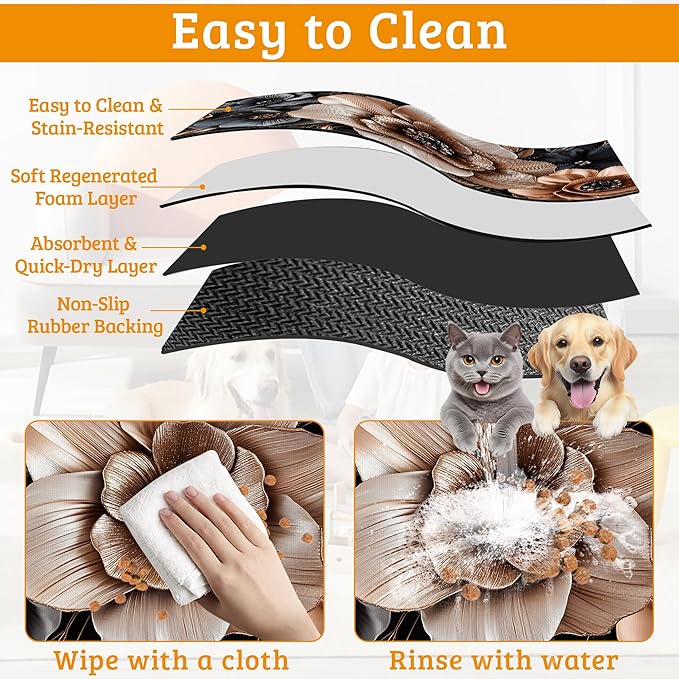 Black Brown Flower Feeding Mat,Artistic Absorbent Quick-Dry Cat Dog Food and Water Bowl Mats,Non-Slip Rubber Backing Mat,Cat Dog Accessories Supplies 16" x 24"