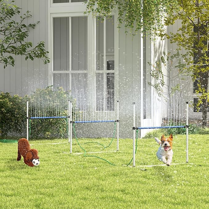 PawHut 4 Piece Dog Agility Training Equipment Set with Spray Water Tube, Dog Agility Set with Adjustable Height Hurdles, Whistle, Carry Bag, White