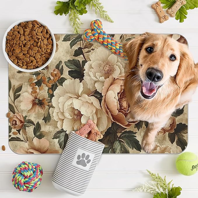 Roses Peonies Pet Feeding Mat,Vintage Luxury Shabby Chic Flower Absorbent Quick-Dry Cat Dog Food and Water Bowl Mats,Non-Slip Rubber Backing Mat,Cat Dog Accessories Supplies 16"x24"
