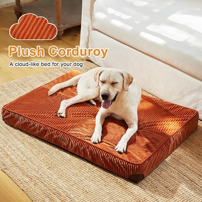 FFUKUMARU Dog Bed, Thickened Corduroy Orthopedic Dog Beds with Washable Cover, XL Waterproof Dogs Bed for Crate, 28D Egg Crate Foam Support Pet Mat, Cozy Pet Bed Pad with Anti-Slip Bottom, Orange