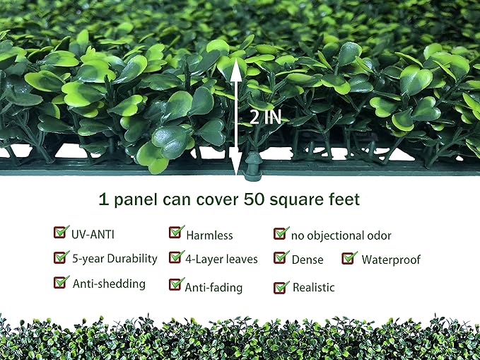 Artificial Boxwood Roll: 60 X 120 in (50 sqft) UV-Anti Faux Ivy Boxwood Hedge Leaf Grass Wall for Patio Balcony Privacy, Garden, Backyard Greenery Wall Backdrop and Fence Decor