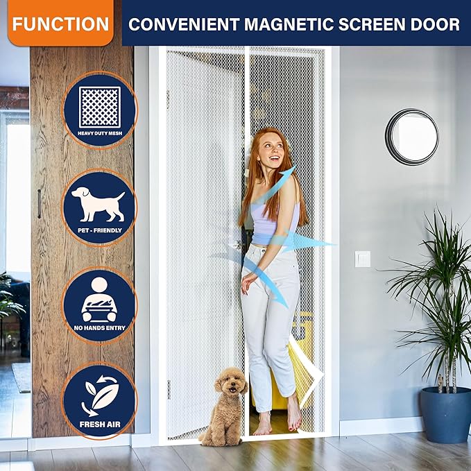 Magnetic Screen Door,Self Sealing Magnets, Easy Install Screen Doors with Magnets,Pet & Kid Friendly- Fits Doors up to 36 x 80 Inches White