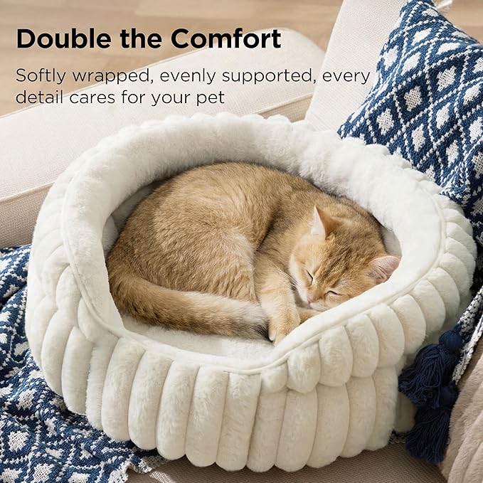 Bedsure ComfyFleece™ Small Cat Bed, Washable Round Cute Pet Beds for Indoor Cats, Super Soft Corduroy Kitten Bed with Anti-Slip Bottom, 20''x20''x8'', Cream